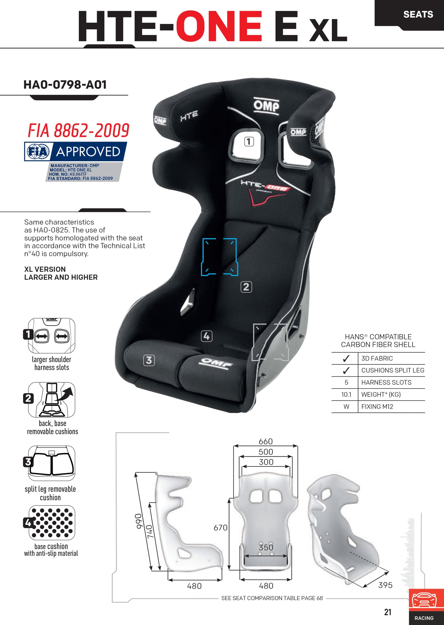HA/798/N OMP HTE-ONE PROFESSIONAL RACE SEAT FIA CARBON FIBRE SIZE XL VERSION