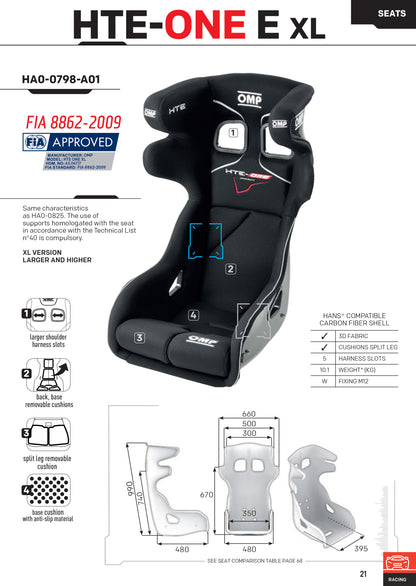 HA/798/N OMP HTE-ONE PROFESSIONAL RACE SEAT FIA CARBON FIBRE SIZE XL VERSION