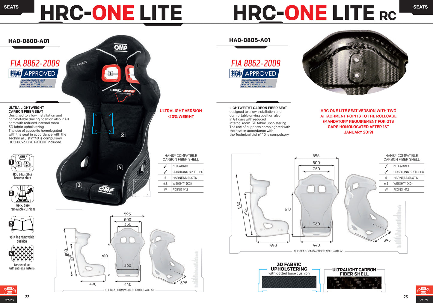 HA/805/N OMP HRC-ONE SEAT LITE RC LIGHTWEIGHT CARBON FIBRE FIA 8862-2009 SPEC
