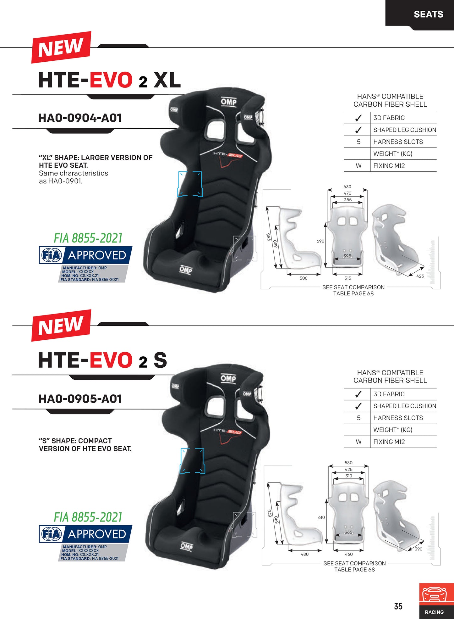 OMP HTE-EVO XL VTR Racing Seat Larger Size More Room for Driver FIA 8855-2021