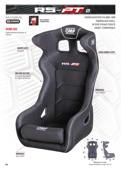 HA/762E OMP RS-PT 2 GT TOURING CAR BUCKET SEAT FIBREGLASS SHELL BLACK VELOUR