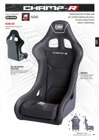 Siège de course OMP CHAMP-R HA/766E en fibre de verre avec revêtement en gel RACE RALLY VELOUR NOIR