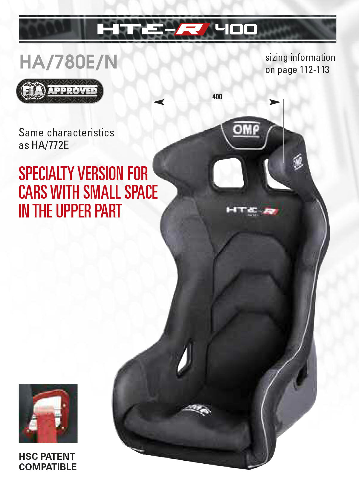 HA/780E OMP HTE-R 400 NARROW RACE SEAT FOR RACING CARS WITH SMALL UPPER SPACE