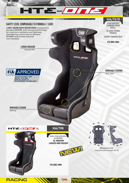HA/798/N OMP HTE-ONE PROFESSIONAL RACE SEAT FIA CARBON FIBRE SIZE XL VERSION