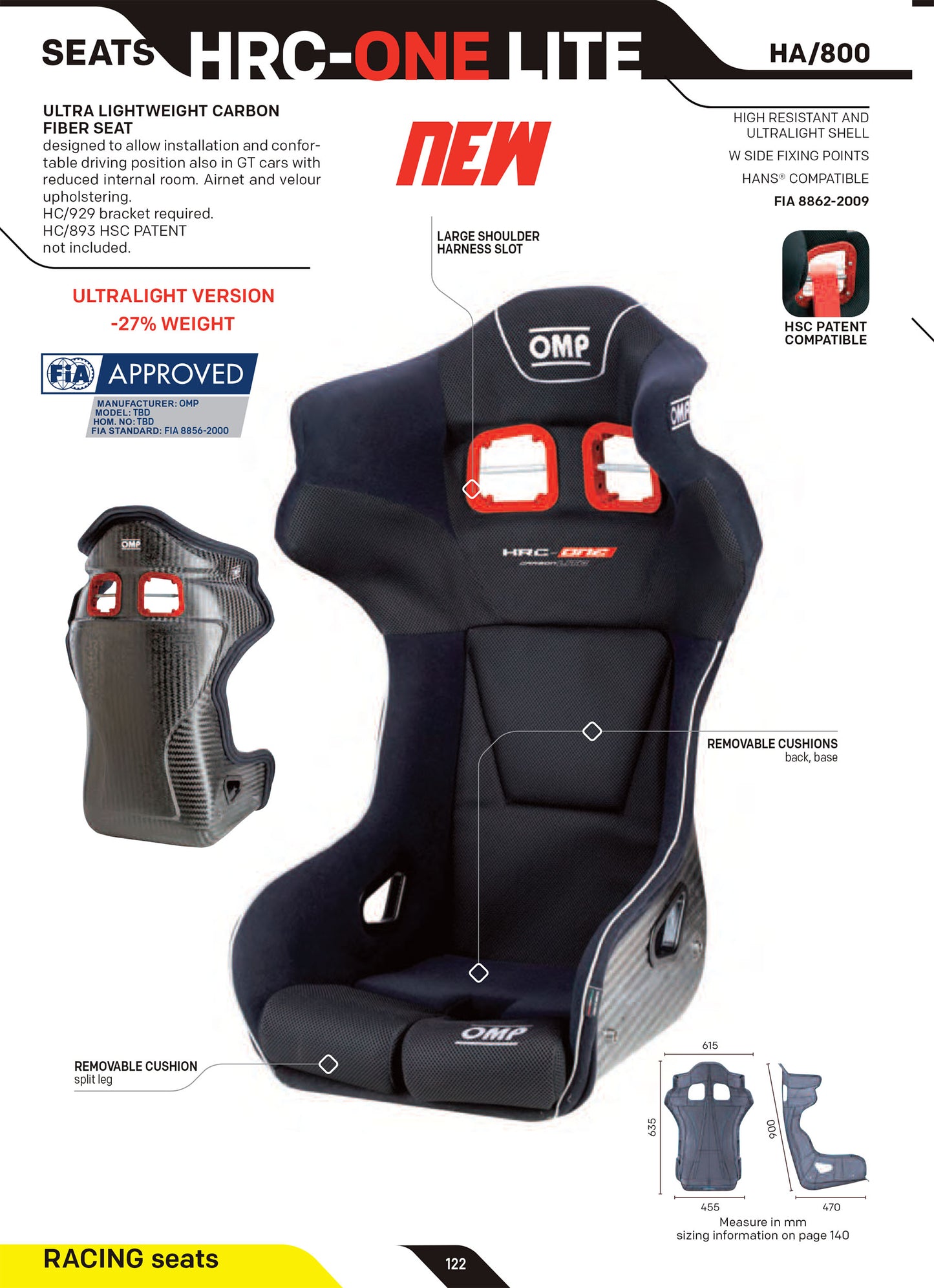 HA/800/N OMP HRC-ONE SEAT LITE ULTRA LIGHTWEIGHT CARBON FIBRE FIA 8862-2009 SPEC