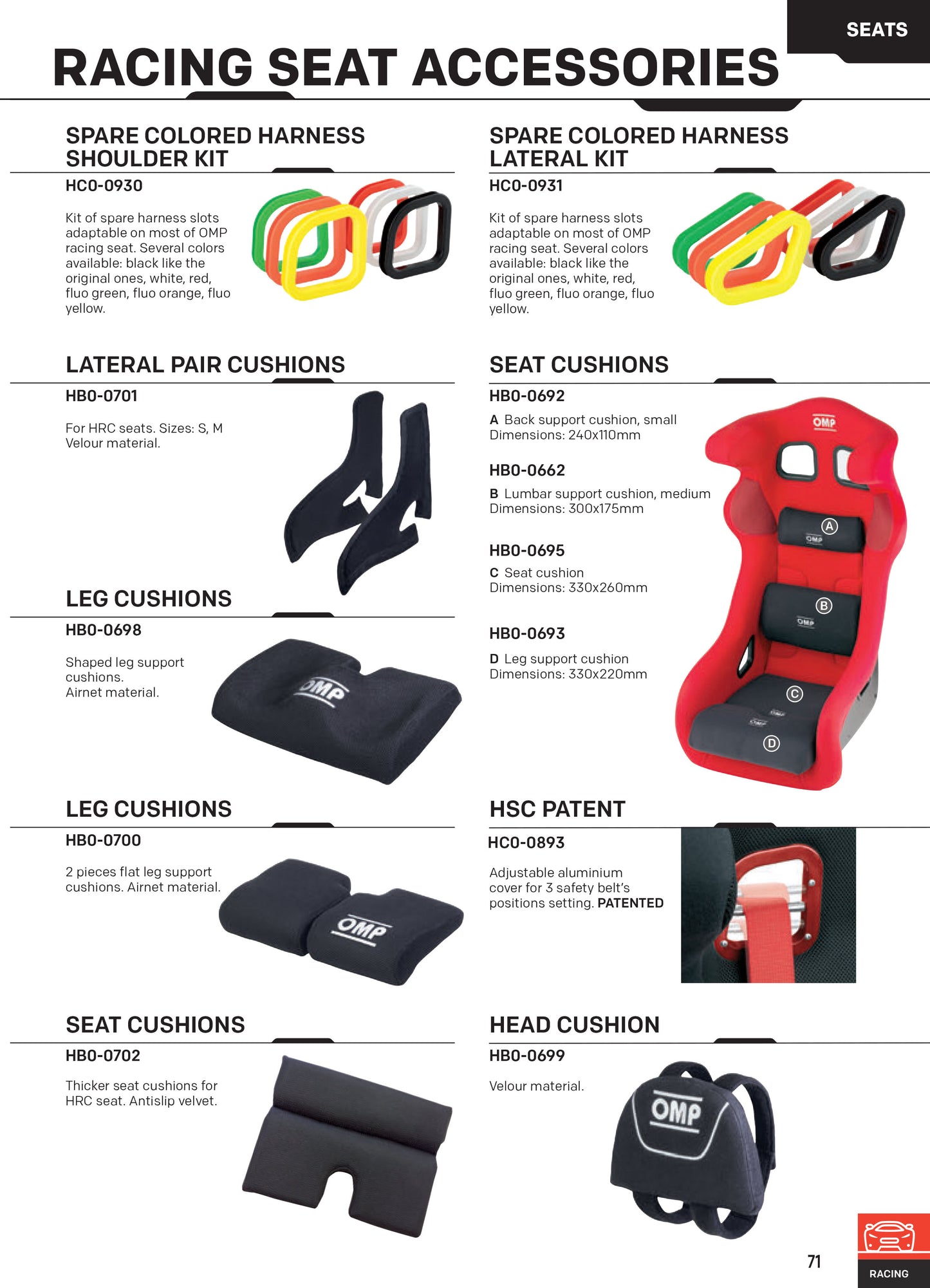 HB/701 OMP RACING SEAT SUPPORT CUSHIONS (SIZE S) LATERAL PAIR FOR OMP RACE SEATS