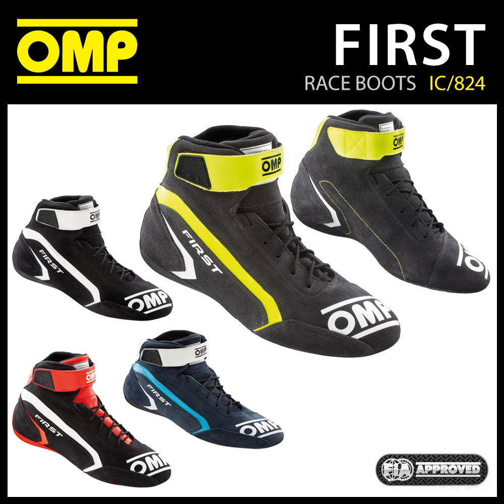 Bottes de course OMP First Race, modèle d'entrée de gamme, en cuir, ignifuges, homologuées FIA 8856-2018