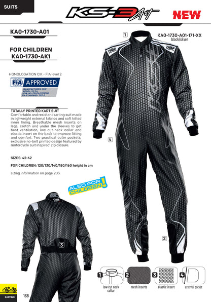 Combinaison de karting pour enfants OMP KS3 KS-3 ART Combinaison junior CIK-FIA Taille enfant 120-160 cm