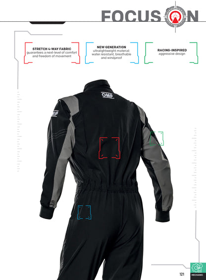 Combinaison extensible OMP X Mech pour mécanicien Pitcrew Garage Teamwear Karting