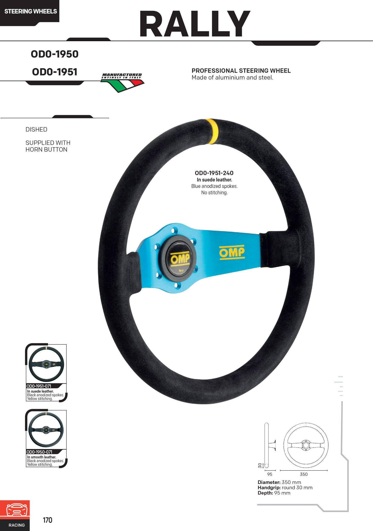 VOLANT EN CUIR LISSE OMP RALLY OD/1950 350 mm DE PROFONDEUR - AUTHENTIQUE OMP !