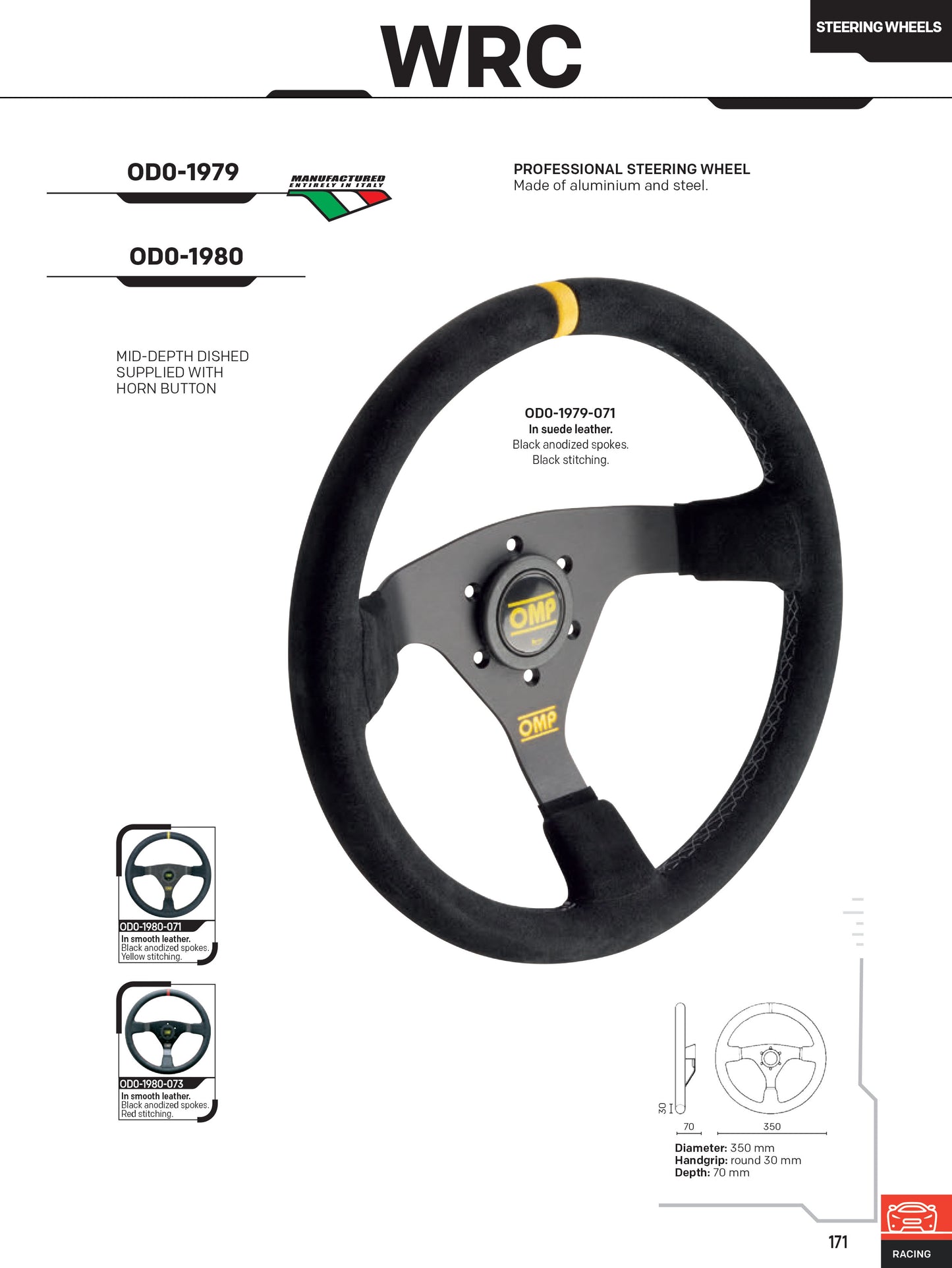 OD/1979/N VOLANT OMP WRC MI-PROFONDEUR 350 mm CUIR DAIM NOIR AUTHENTIQUE OMP