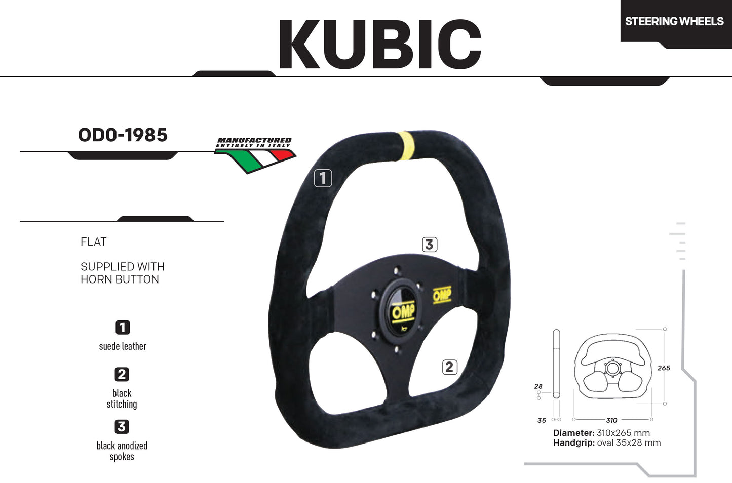 OD/1985/NN OMP KUBIC MOTORSPORT STEERING WHEEL FLAT BOTTOM 310x265mm DIAMETER