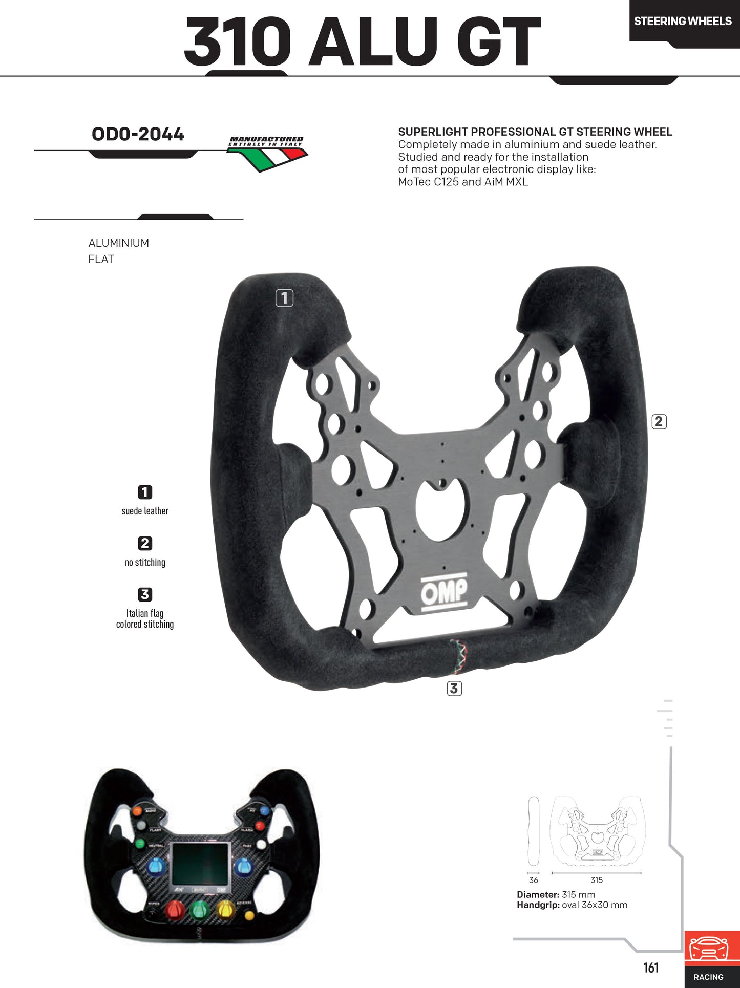 OD/2044/N OMP RACING 310 ALU GT LENKRAD ALUMINIUM/WILDLEDER für RENNWAGEN