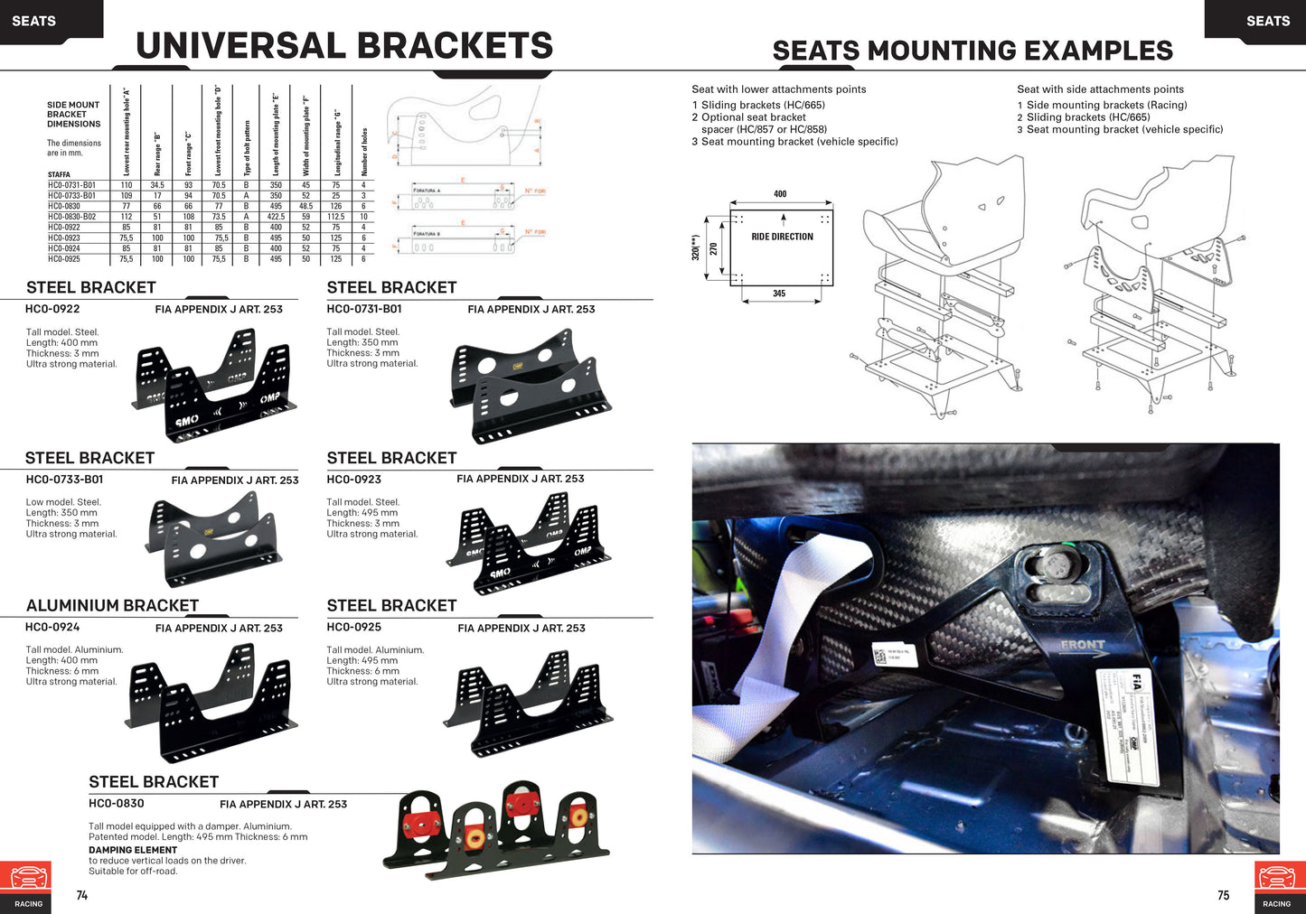 HC/733E OMP Racing Seat Side Mounts Steel Brackets Attach To Lower Subframes