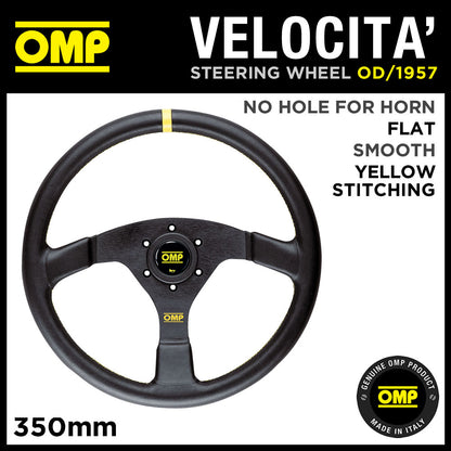 OD/1957 OMP VELOCITA STEERING WHEEL SMOOTH LEATHER 350mm BLACK WITH YELLOW TRIM